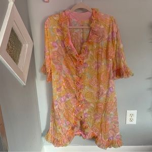 Vintage Floral Pink Orange Sheer House Coat, Robe, Kimono
